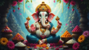 Lord Ganesha Illustration with Sweets and Flowers – Spiritual Artwork Download