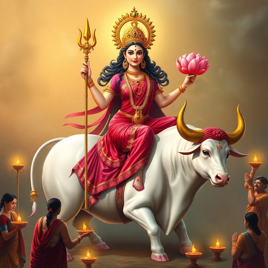 Maa Shailputri Wallpaper HD Download – Goddess on White Bull with Trishul & Lotus