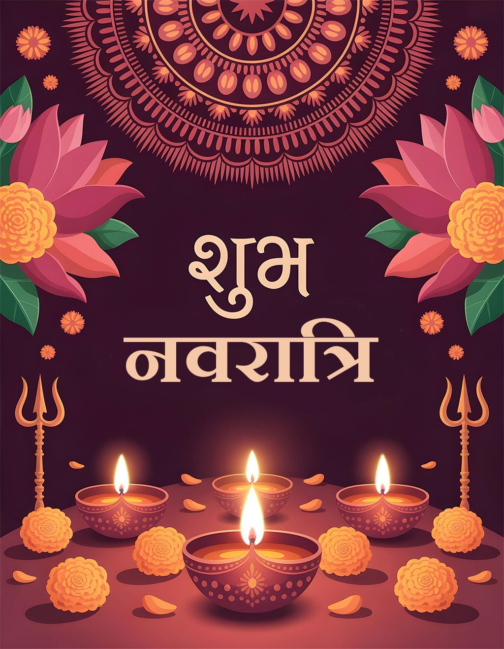 शुभ नवरात्रि | Greeting Image & Wallpaper Background with Diyas, Trishul and Flowers