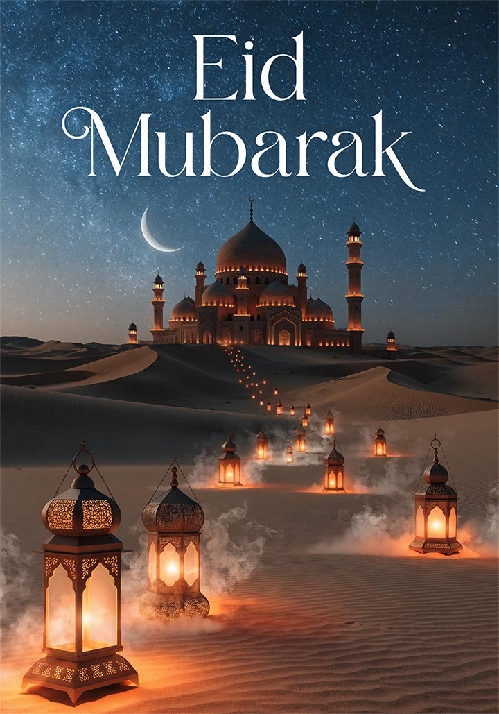 Night of eid ul fitr, in a desert, a beautiful starry night with crescent moon